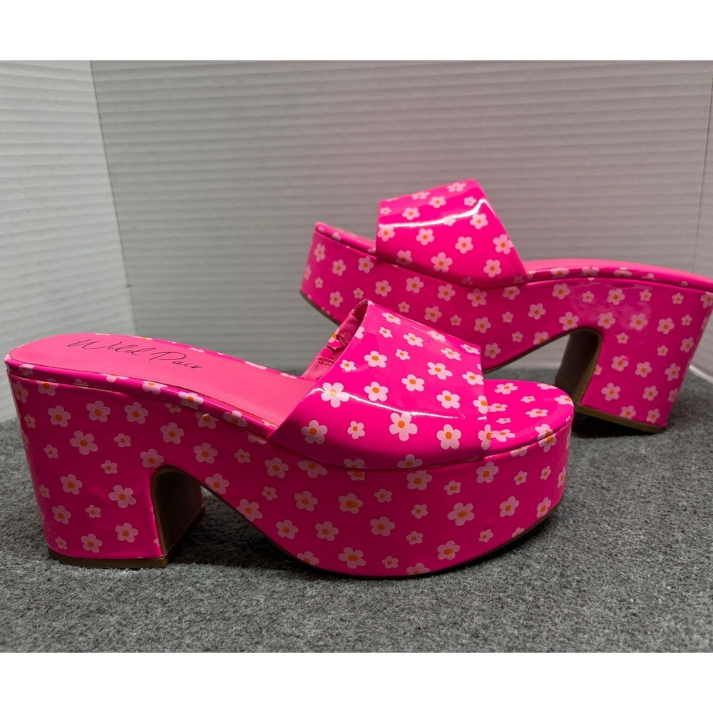 Wild Pair Pink Daisy Floral Platform Slide Sandals Chunky Block Heel Mules Sz 11